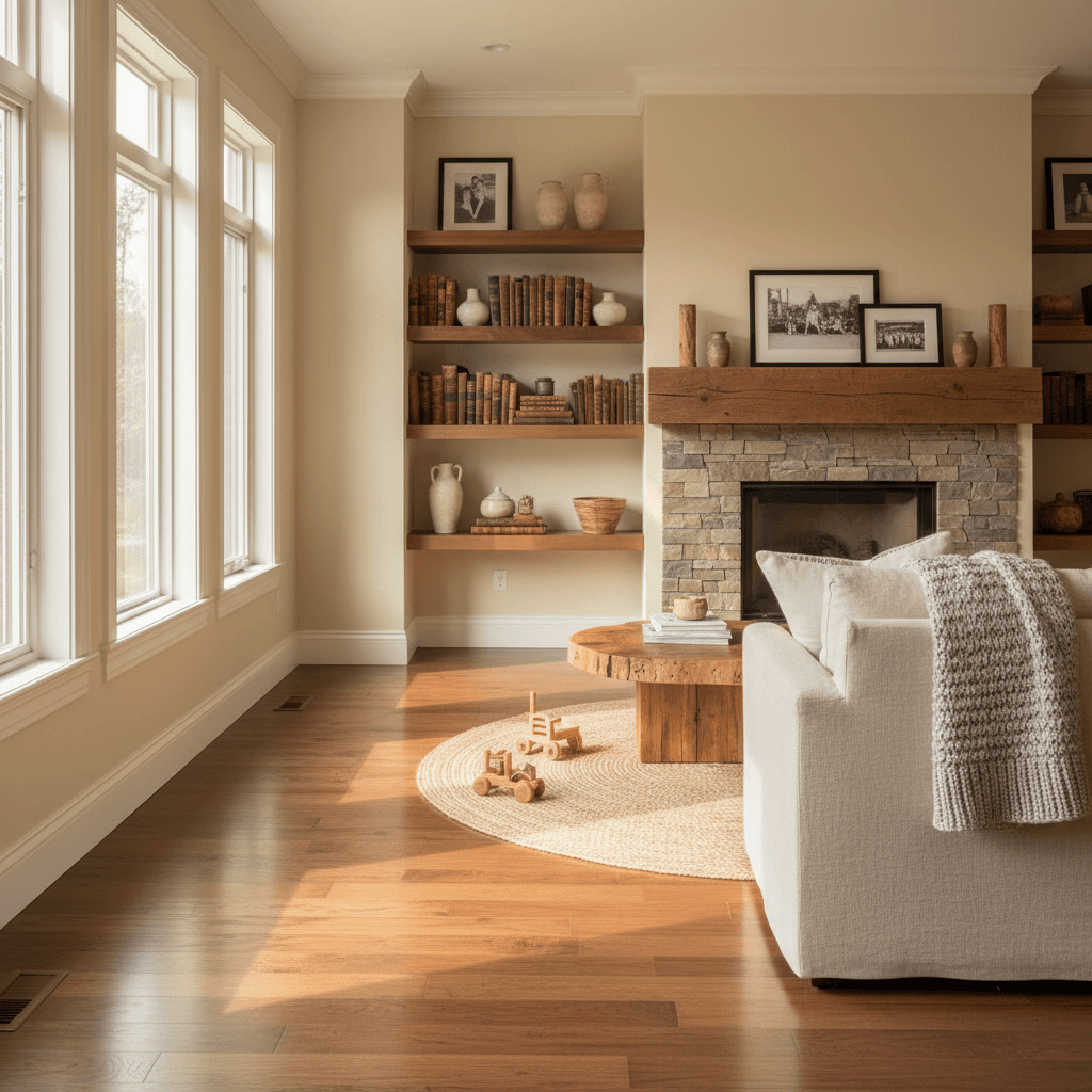 Newly renovated living room with hardwood floors and fresh paint