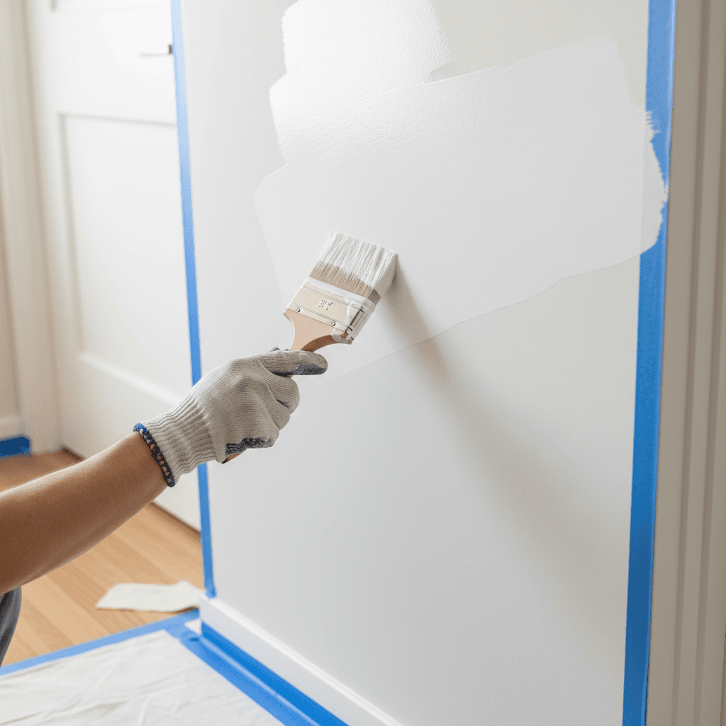 Interior wall painting service with contractor applying finish coat to prepared drywall