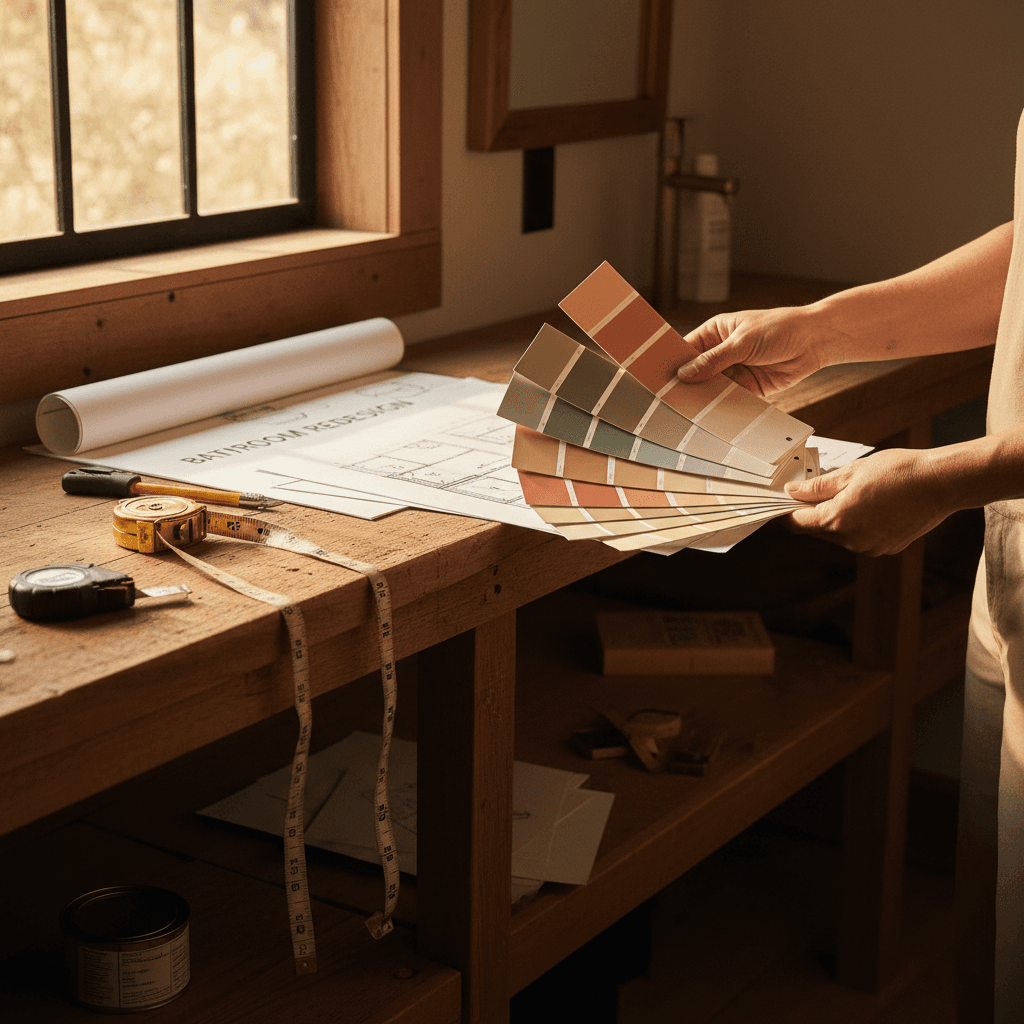 Custom bathroom design consultation with layout sketches and materials