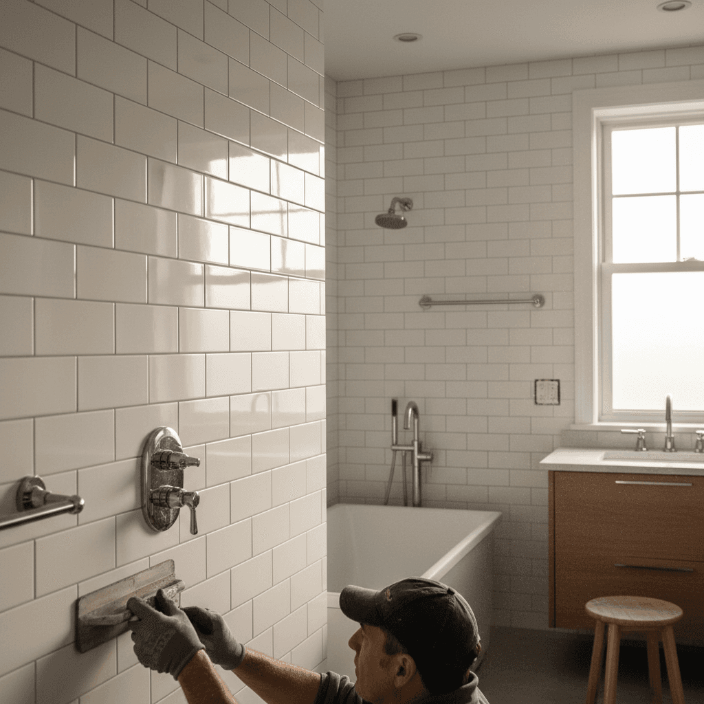 Newly installed white subway tile bathroom renovation with contractor finishing grout work