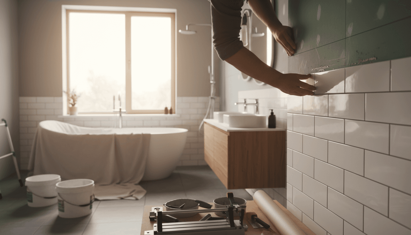Skilled craftsperson installing white subway tiles in a bright, modern bathroom renovation