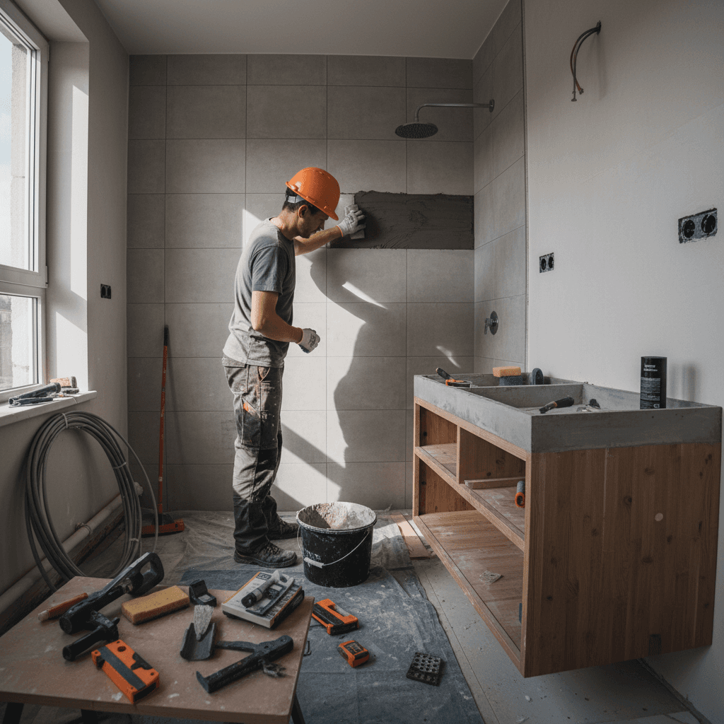 Professional bathroom tile installation and vanity setup