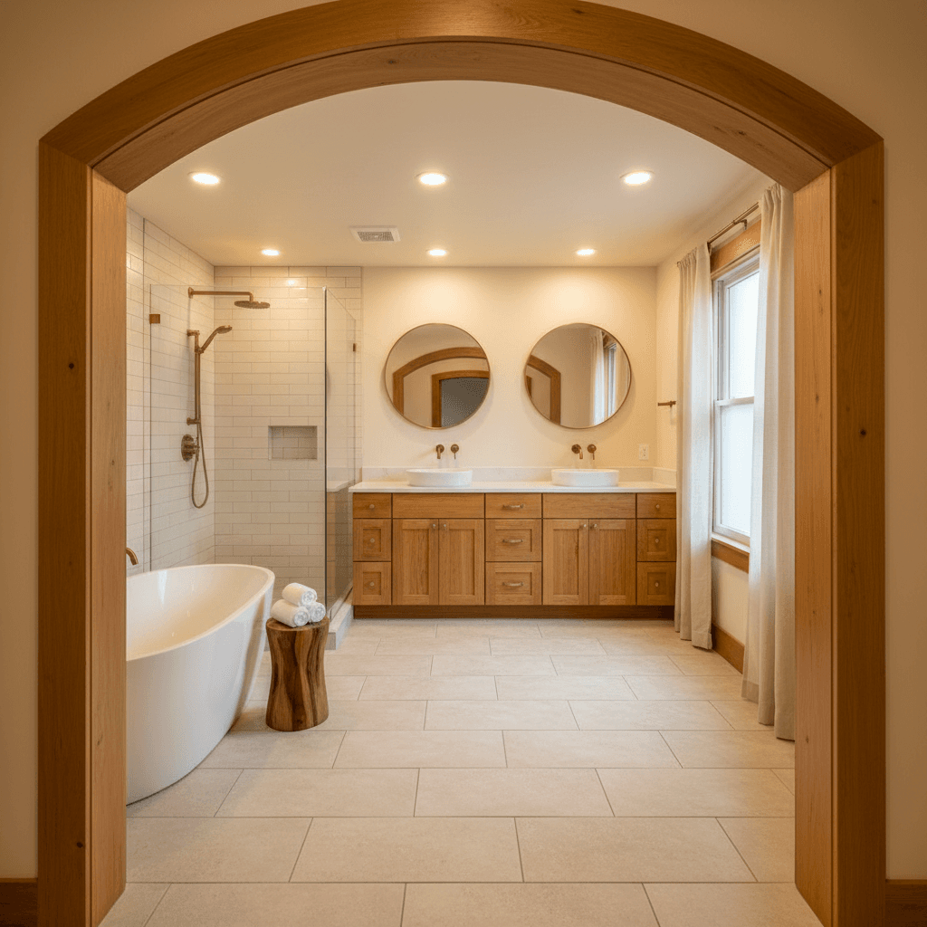Complete bathroom renovation showcase displaying updated fixtures, flooring, and cabinetry
