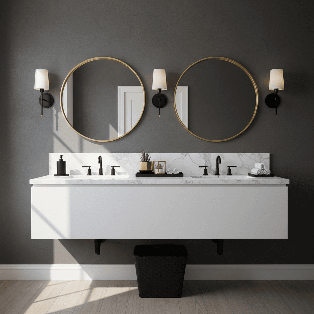 Finished bathroom with mirrors, lighting, and coordinated fixtures