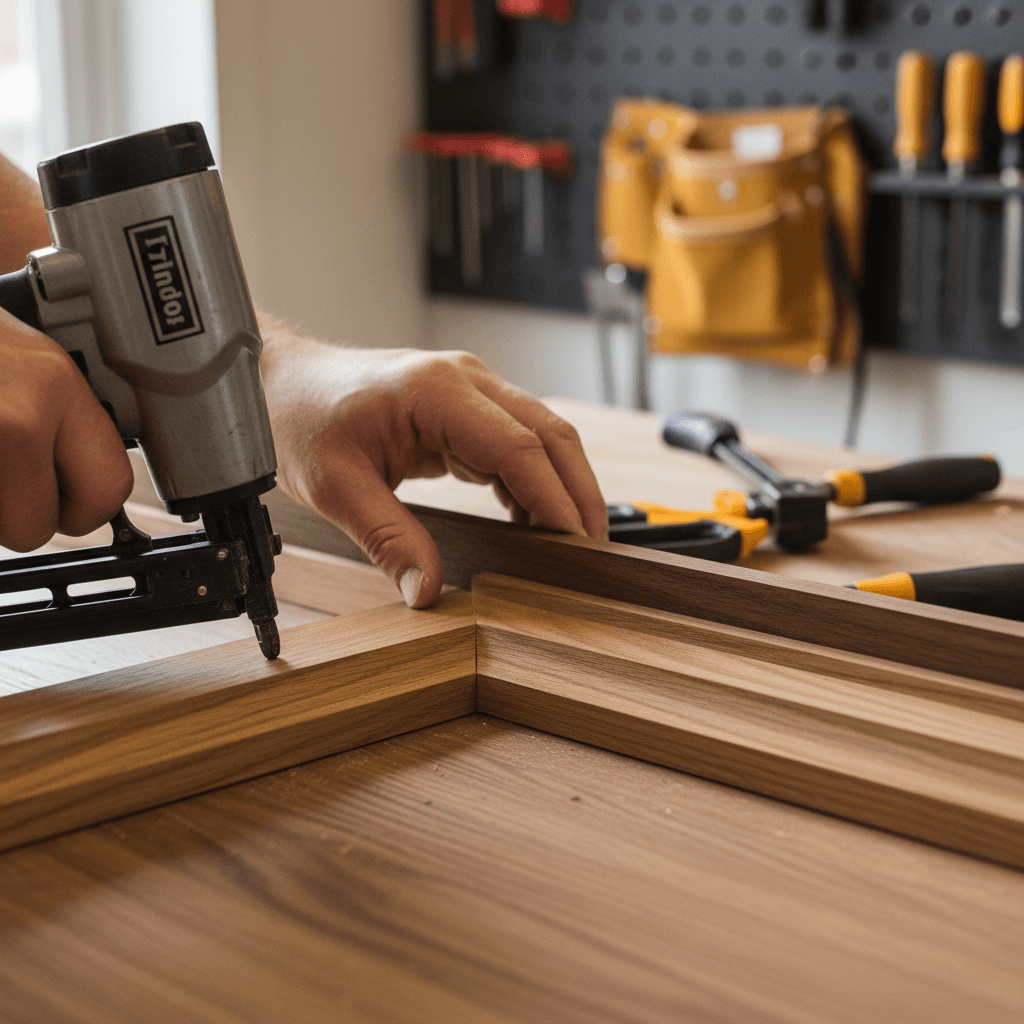 A warm, detailed artisanal aesthetic extreme close-up shot of custom wood trim or built-in detail being installed